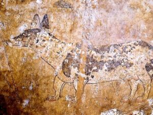 Древний рисунок таксы на скале фото